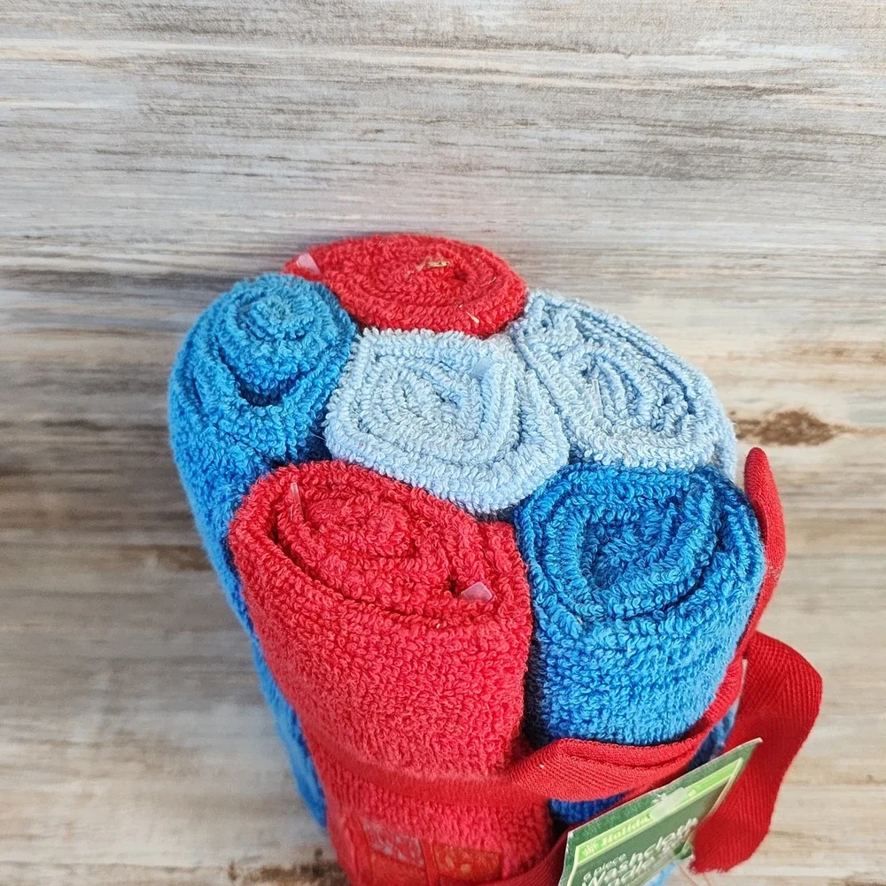 Holiday Time 6 Piece Washcloth Bundle Set Red Blue Snowman Snowflake Noel NEW